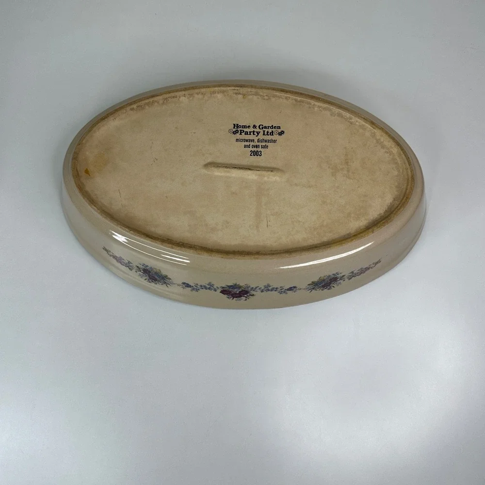 Home Garden Party 2003 Oval Baking Dish Floral Blue Rim